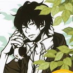 A illustration of a man with black fluffy hair in a white button up and a brown jacket. He is holding a black and white cat on his shoulder, and they both are surrounded by green leaves. The original illustration is by Kaori Wakamatsu.